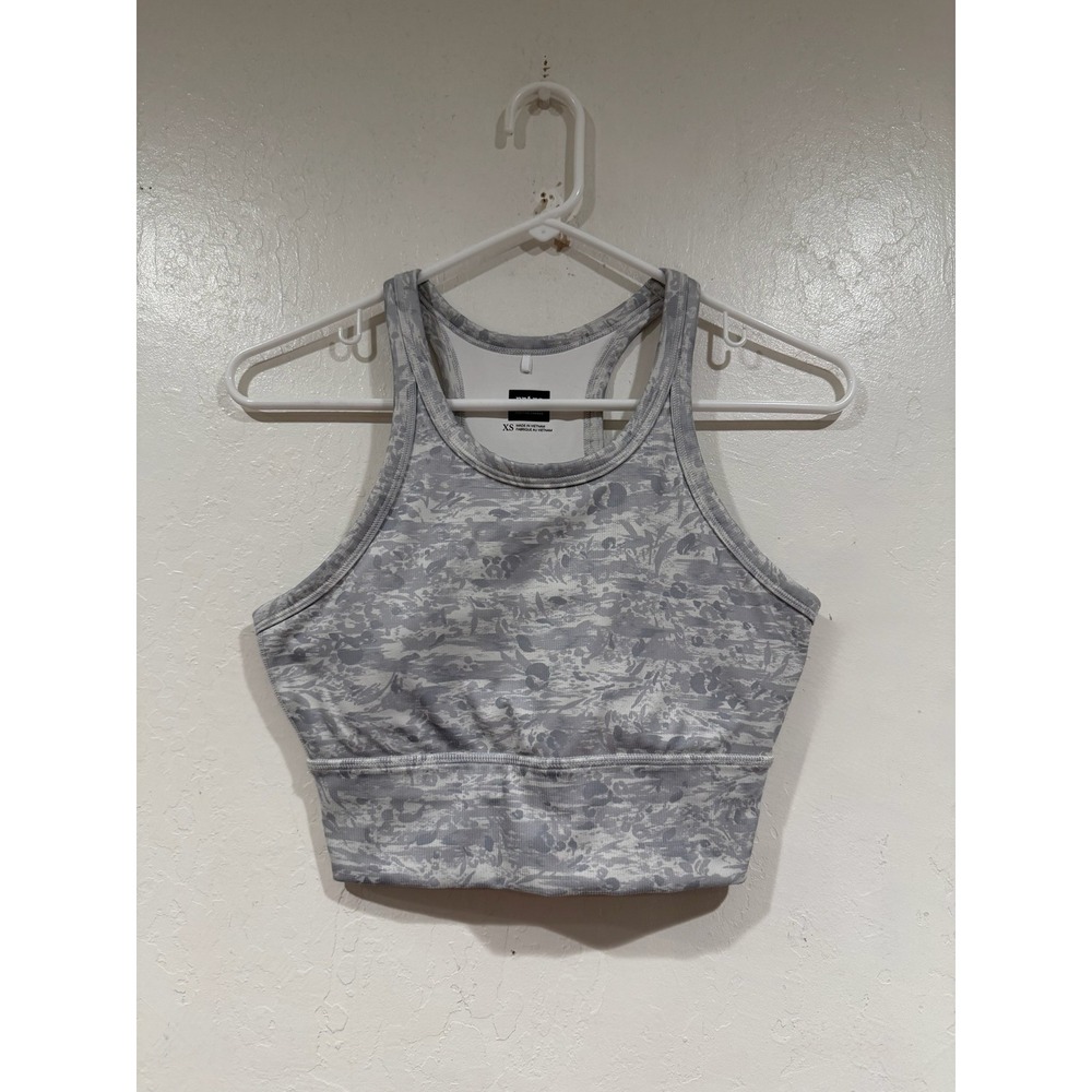 Prana Becksa Crop Top Womens XS Grey White Camo Ribbed Racerback Yoga Tank - Picture 2 of 5